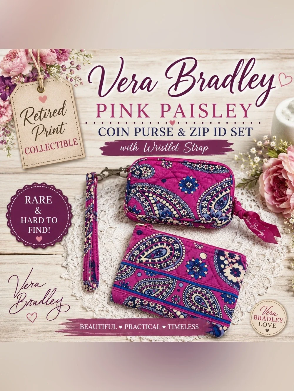 Vera Bradley Pink Paisley Coin Purse & Matching Zip ID Case Set with Wristlet